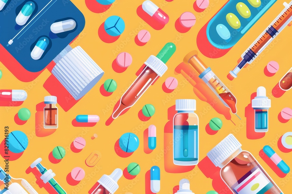 Top view flat design of an array of liquid medications and droppers, pharmaceutical theme, cartoon drawing, vivid colors close up Top view flat design of an array of liquid medications and droppers, pharmaceutical theme, cartoon drawing, vivid colors close up