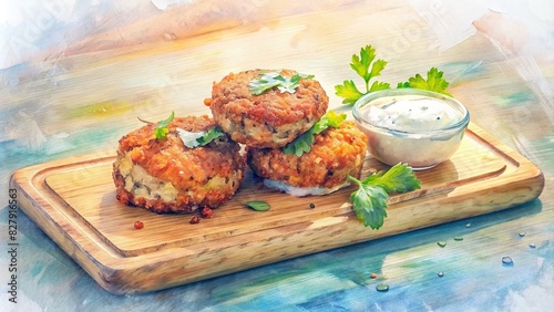 Delectable crab cakes with remoulade sauce on a wooden board with a Southern flair, bathed in daylight against a watercolor background photo