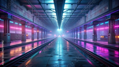 Empty train station during rush hour with neon glow photo