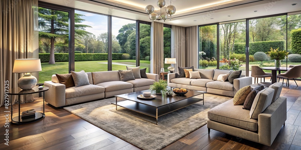 Modern luxurious living room with stylish boucle furniture and large windows overlooking the garden