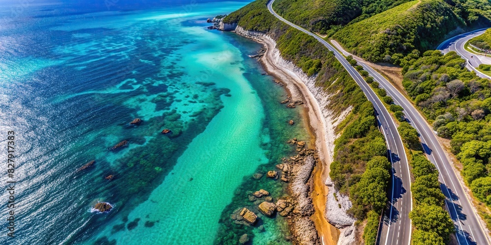 Aerial view of a coastal road along turquoise sea