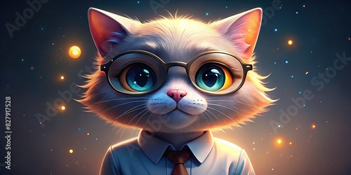 A cute cat wearing glasses and a white shirt on a glowing white background