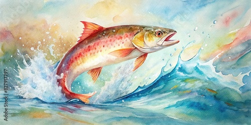 Redfish jumping out of river water in a vibrant watercolor photo