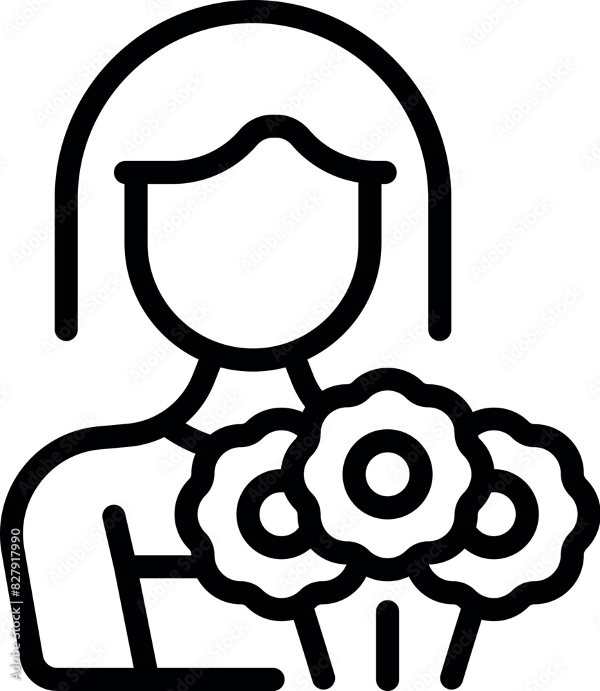 Black and white line art illustration of a woman holding a bouquet of flowers Black and white line art illustration of a woman holding a bouquet of flowers