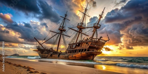 An ancient pirate galleon wrecked on a sandy beach