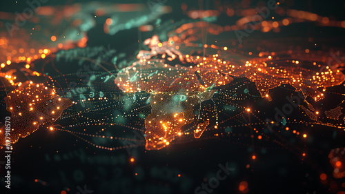 Global data flow visualization with illuminated world map connections