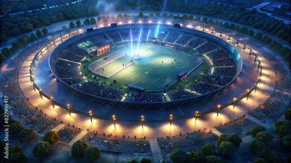 Aerial view of a round cricket stadium illuminated with crowds at night