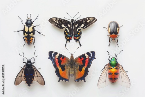 Collection of various colorful insects on a white background. High-resolution entomological photograph for design and print. Generative AI photo