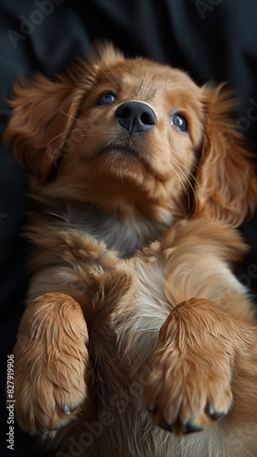 Adorable white retriever puppy with fluffy fur in a studio portrait photo