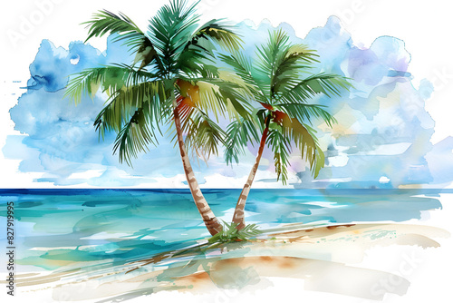 Holiday summer travel vacation illustration watercolor painting of palms palm tree on teh beach with ocean sea design for logo or t shirt on white background