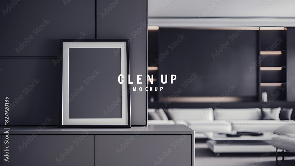 Mockup frame on cabinet in living room interior on empty dark wall ...