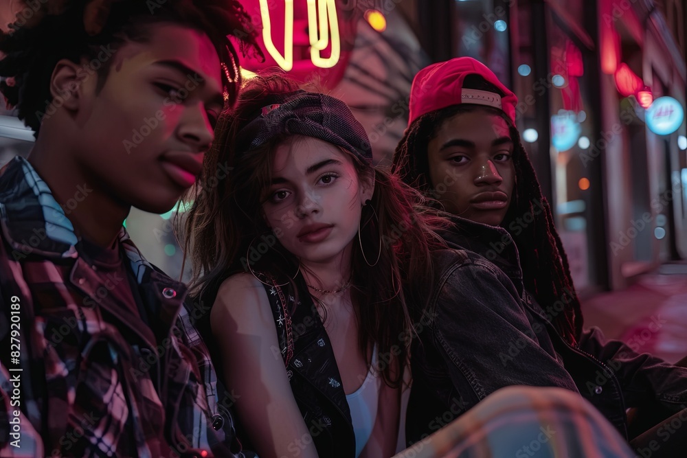 Group of trendy young friends hanging out at night in neon lights Group of trendy young friends hanging out at night in neon lights