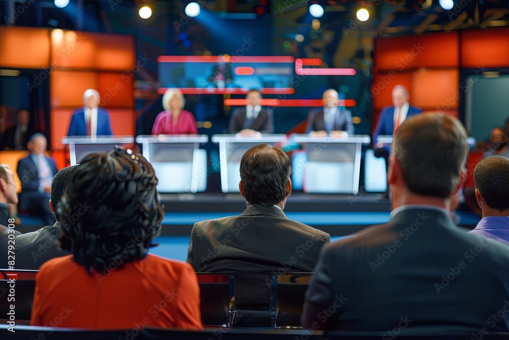 Audience watching a political debate with candidates on stage Audience watching a political debate with candidates on stage