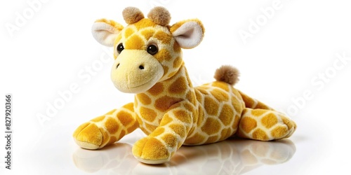 Cute and cuddly yellow giraffe plush with shadow reflection on white background
