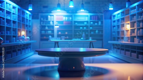 An empty white table on a blurry pharmacy background, glow