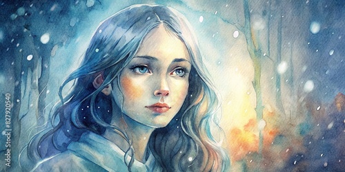 Serene woman in the rain with glowing backlight, watercolor painting