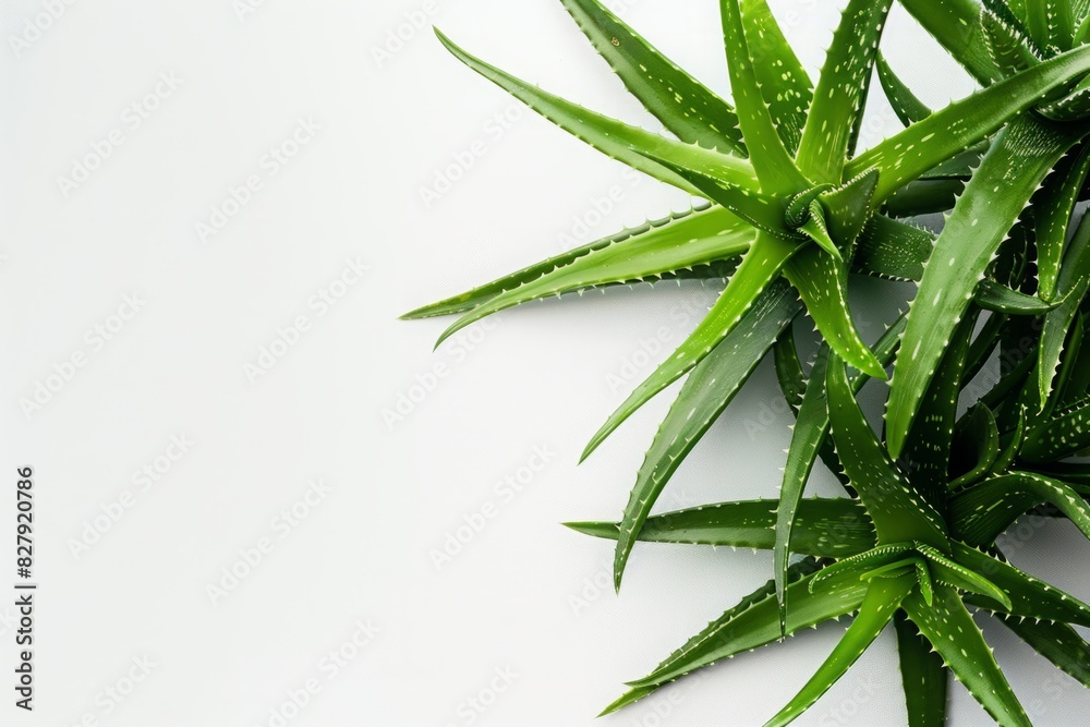 Top view of aloe vera plant leaves on white background with copy space. High-resolution photography. Botanical and natural remedy concept. Ayurveda, ayurvedic herbs, Generative AI Top view of aloe vera plant leaves on white background with copy space. High-resolution photography. Botanical and natural remedy concept. Ayurveda, ayurvedic herbs, Generative AI