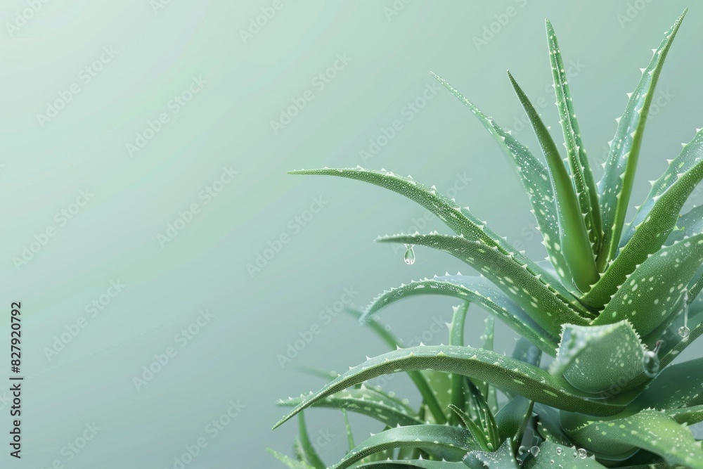 Aloe vera plant with water droplets on light green background with copy space. High-resolution photography. Botanical and natural remedy concept. Ayurveda, ayurvedic herbs, Generative AI Aloe vera plant with water droplets on light green background with copy space. High-resolution photography. Botanical and natural remedy concept. Ayurveda, ayurvedic herbs, Generative AI