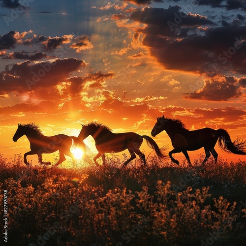 A herd of horses running across the dusty ground in front of the hills at sunset. Beautiful sunset orange light.