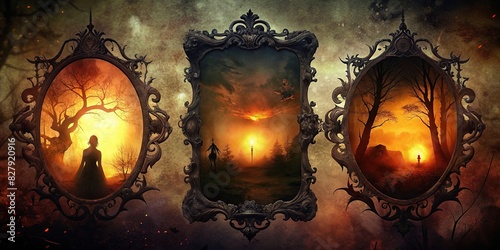 Grungy silhouette frames with aged antique borders and horror elements, set against a background in retro vintage style photo