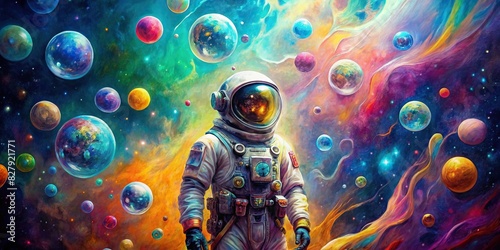 Colorful painting of an astronaut in a galaxy of bubbles on a different planet
