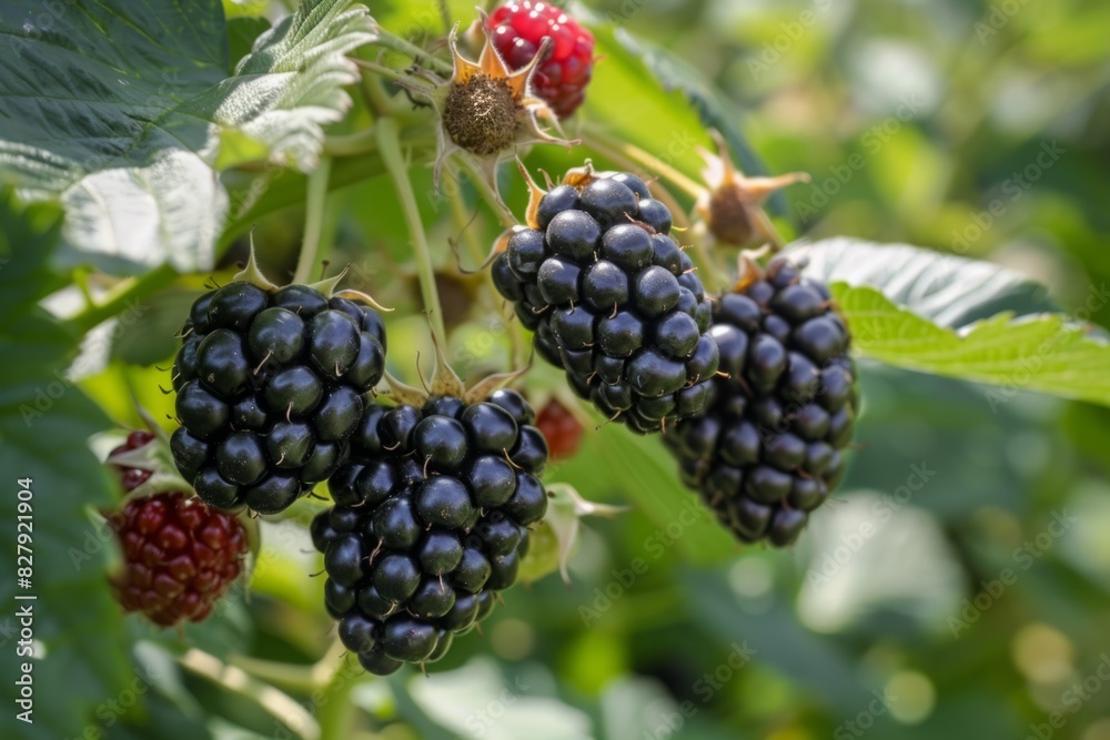 Close-up of ripe blackberries and unripe red berries on a branch with green leaves. Outdoor photography of fresh garden fruit. Generative AI Close-up of ripe blackberries and unripe red berries on a branch with green leaves. Outdoor photography of fresh garden fruit. Generative AI