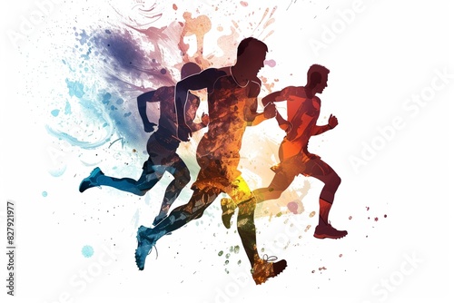 Three runners in colorful silhouettes on white background © Yuliia