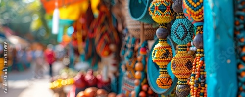 Bustling cultural festival marketplace with artisans showcasing handmade crafts, vibrant textiles, and intricate jewelry, a lively and colorful atmosphere