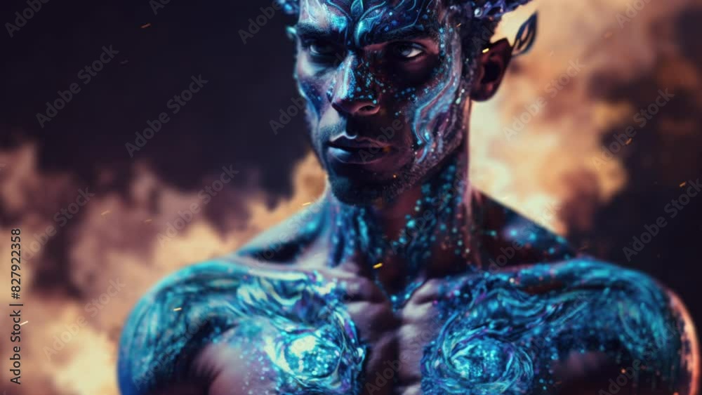 A man with blue paint on his body and face and chest with a demon like head and shoulders enraged epic fantasy character art temperance particles