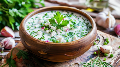 Okroshka, national Russian dish in a deep rounded wooden plate, garnished with parsley and green onions. Summer cold soup. Nearby lie cloves of garlic, green young peas and parsley with dill