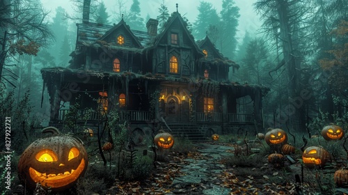 A hauntingly beautiful image depicting a creepy, decrepit mansion surrounded by glowing jack-o'-lanterns in a foggy forest