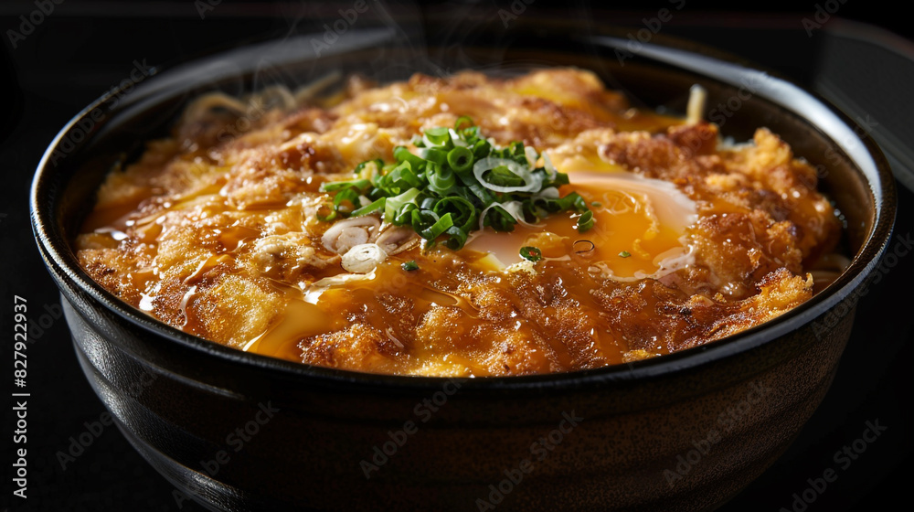 An image of a steaming bowl of Japanese katsudon sits on a plain black background. An image of a steaming bowl of Japanese katsudon sits on a plain black background.