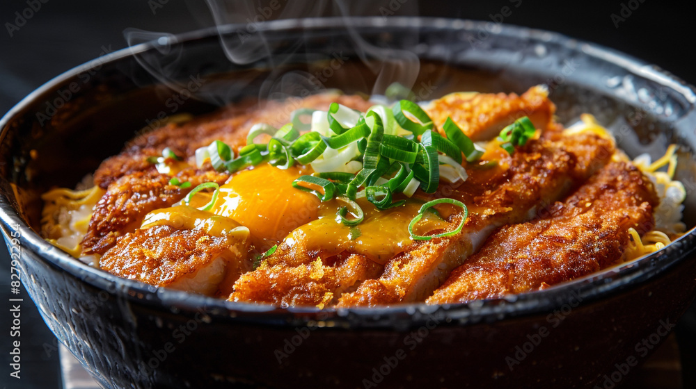 An image of a steaming bowl of Japanese katsudon sits on a plain black background. An image of a steaming bowl of Japanese katsudon sits on a plain black background.