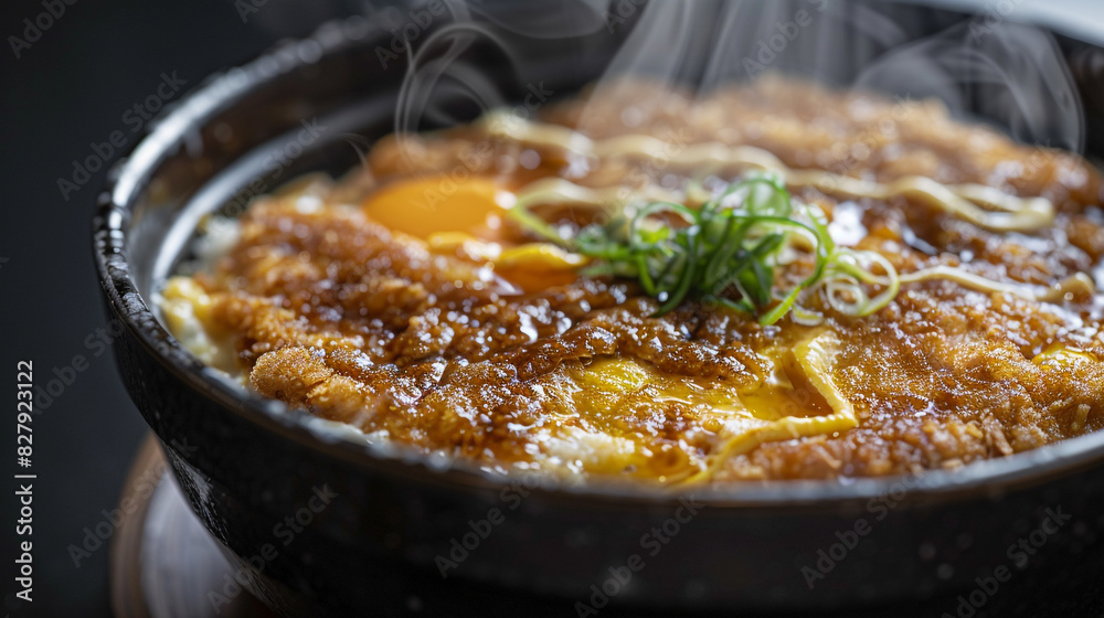 An image of a steaming bowl of Japanese katsudon sits on a plain black background. An image of a steaming bowl of Japanese katsudon sits on a plain black background.