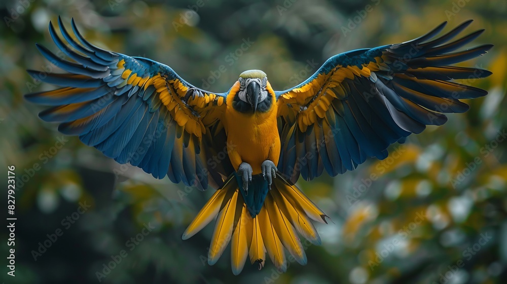 Majestic frontal capture of a Blue and Gold Macaw with outspread wings, showcasing its symmetry