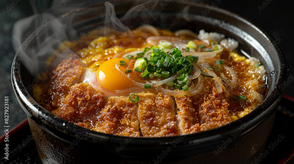 An image of a steaming bowl of Japanese katsudon sits on a plain black background. An image of a steaming bowl of Japanese katsudon sits on a plain black background.
