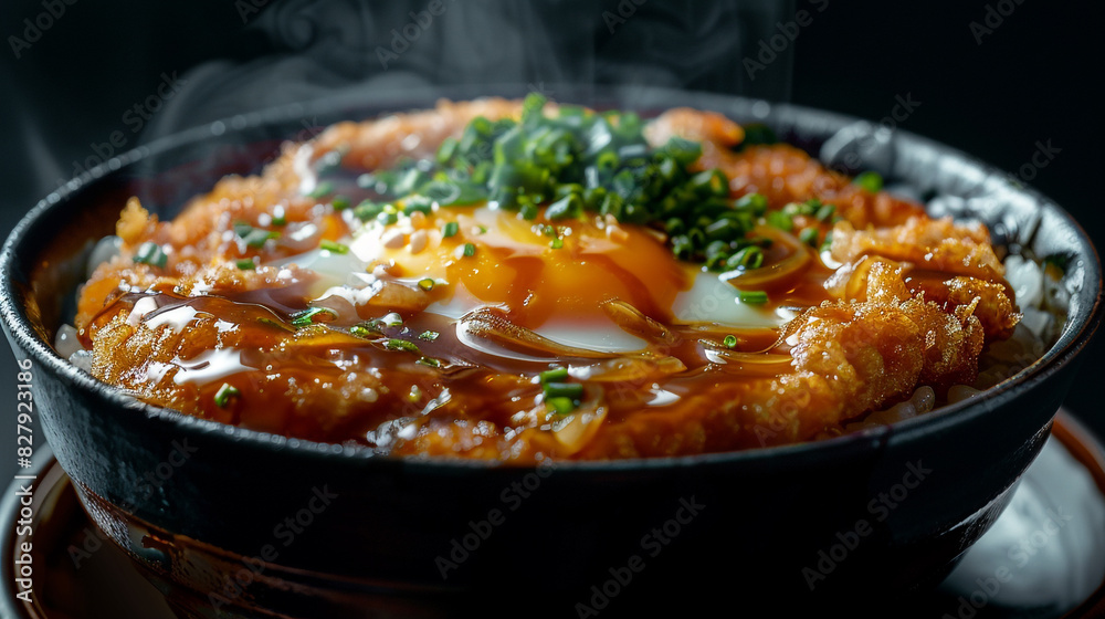 An image of a steaming bowl of Japanese katsudon sits on a plain black background. An image of a steaming bowl of Japanese katsudon sits on a plain black background.