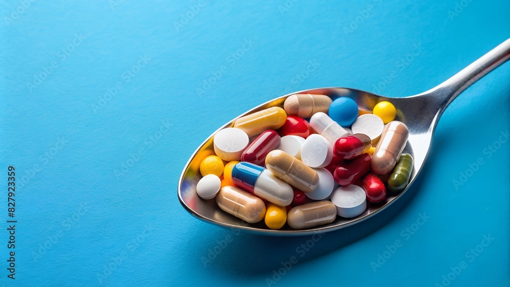 spoon full of pills and capsules on blue background spoon full of pills and capsules on blue background