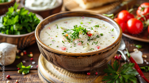 Tarator, a popular soup during the summer in Bulgaria, Armenia and North Macedonia. Cold soup with sour milk in a deep wooden plate on a table filled with a variety of herbs and vegetables.  photo