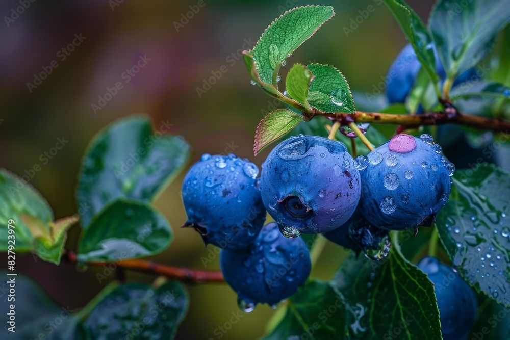 Close-up of blueberries with leaves covered in water droplets. Macro shot with vibrant colors. Generative AI Close-up of blueberries with leaves covered in water droplets. Macro shot with vibrant colors. Generative AI