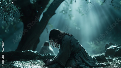 Jesus praying in the Garden of Gethsemane, kneeling with a sorrowful expression as he seeks strength for the trials ahead. The scene is set in a quiet, moonlit garden with olive trees casting long 
