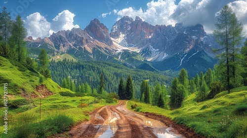 A muddy mountain road meanders through lush greenery with towering jagged peaks in the backdrop