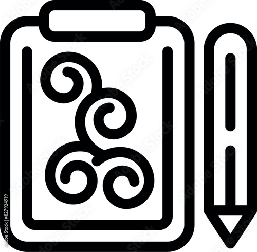 Black and white icon of a clipboard with a swirly doodle and pencil