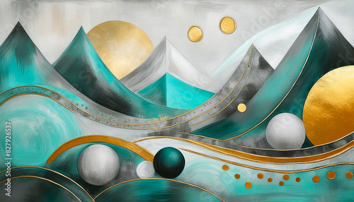 abstract painting painted in oil and acrylic. Geometric shapes and simple brush strokes. Turquoise, gray, white, black and gold. Circles, waves, curls and splashes. graphics background texture.