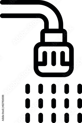 Black and white line art icon of a modern shower head with water droplets