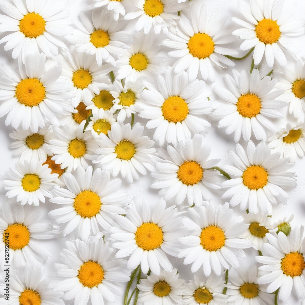 Chamomile flowers collection on white. Set of colorful Chamomile or Daisy flowers background, top view. Floral pattern. Chamomile flowers collection on white. Set of colorful Chamomile or Daisy flowers background, top view. Floral pattern.