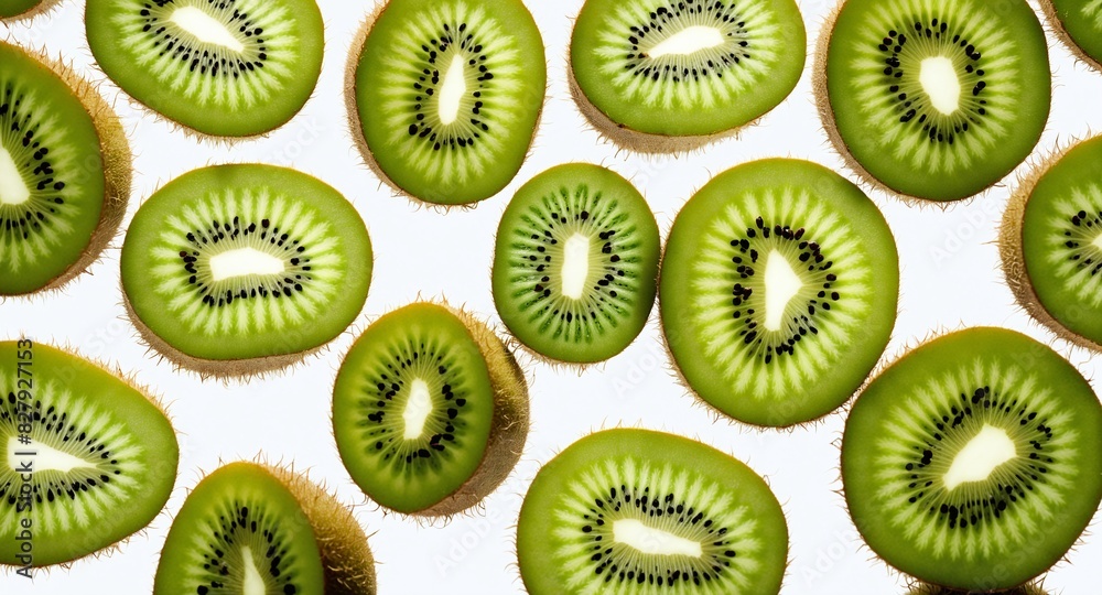 Fototapeta premium Sliced delicious ripe kiwi fruit on white. Top view