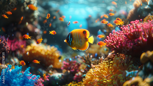 Colorful marine life in an aquarium and coral reef underwater