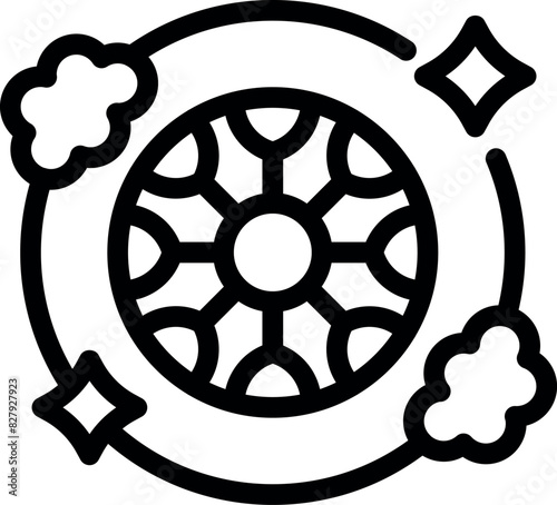 Vector illustration of a stylized car wheel with puffing clouds, depicting motion