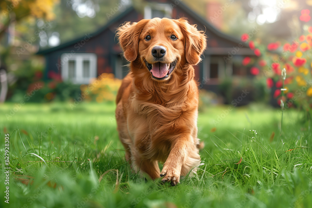 An adorable golden retriever puppy frolics in a field of green grass An adorable golden retriever puppy frolics in a field of green grass